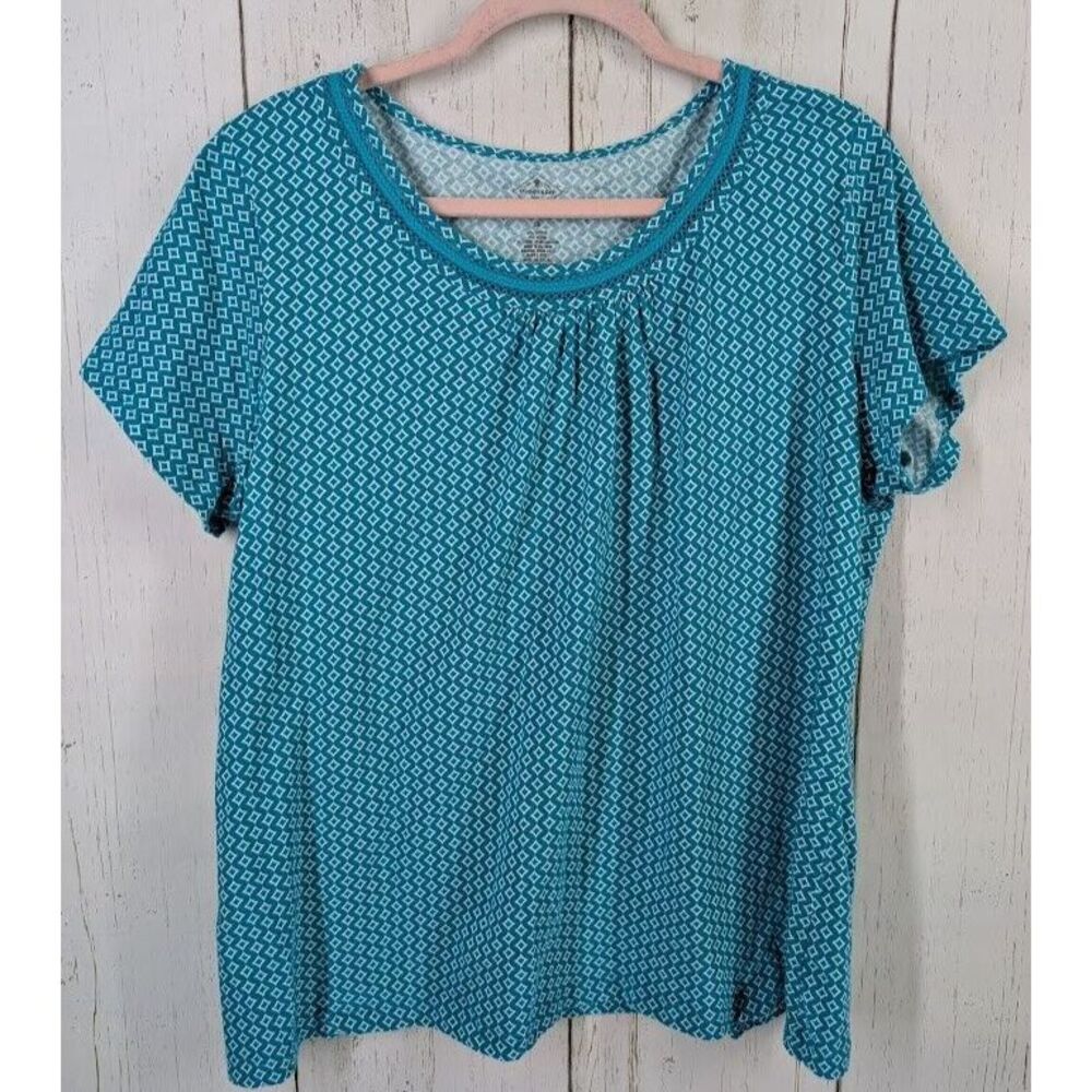 St Johns Bay Size 1X Blue White Diamond Pattern Womens Short Sleeve Casual Top